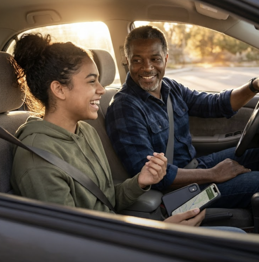A father laughing with his teenage daughter in the passenger seat as he drives, while she holds her phone