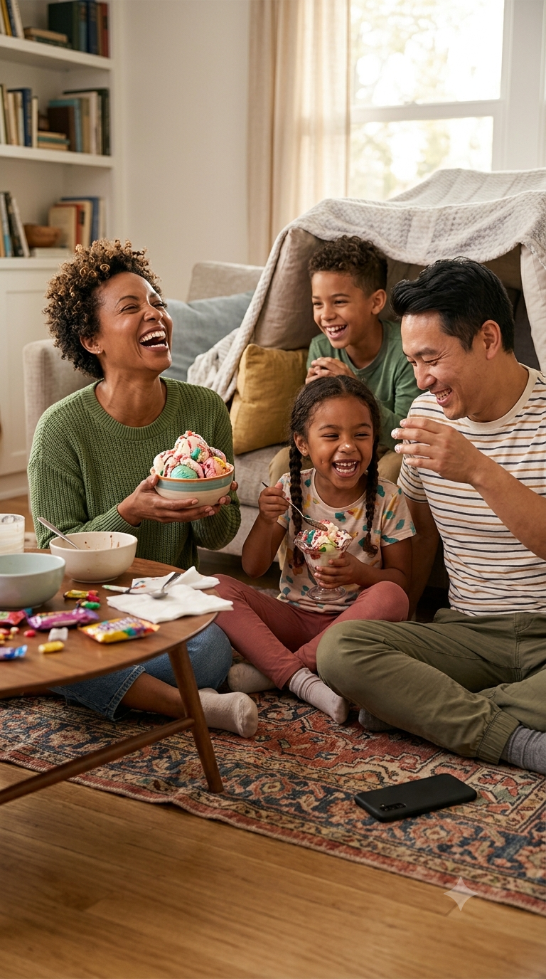 A family sitting on the living room floor eating ice cream by a blanket fort, two parents and two kids laughing together with their phones set aside